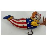Vintage J. Chein Clown Wind-Up Tin Toy, Plastic Hen with Eggs, and Red Metal Wagon Vintage J. Chein Clown Wind-Up Tin Toy, Plastic Hen with Eggs, and Red Metal Wagon