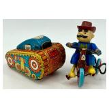 Vintage Wind-Up Tin Toys Lot - Tank and Cowboy on Tricycle Vintage Wind-Up Tin Toys Lot - Tank and Cowboy on Tricycle