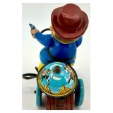 Vintage Wind-Up Tin Toys Lot - Tank and Cowboy on Tricycle Vintage Wind-Up Tin Toys Lot - Tank and Cowboy on Tricycle