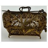 Vintage Decorative Filigree Brass Purse Box with Chain and Marked "90" Vintage Decorative Filigree Brass Purse Box with Chain and Marked "90"