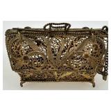 Vintage Decorative Filigree Brass Purse Box with Chain and Marked "90" Vintage Decorative Filigree Brass Purse Box with Chain and Marked "90"