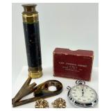 Vintage Brass Telescope, Stopwatch with Box, Tortoiseshell Tools, and Jewelry Lot Vintage Brass Telescope, Stopwatch with Box, Tortoiseshell Tools, and Jewelry Lot