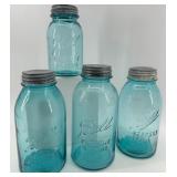 Set of 4 Vintage Ball Perfect Mason Blue Jars with Zinc Lids Set of 4 Vintage Ball Perfect Mason Blue Jars with Zinc Lids