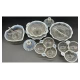 Set of Vintage Hobnail Opalescent Glass Bowls, Divided Dishes, and Candle Holders Set of Vintage Hobnail Opalescent Glass Bowls, Divided Dishes, and Candle Holders