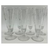 Set of 7 Etched Glass Champagne Flutes with Floral Design Set of 7 Etched Glass Champagne Flutes with Floral Design