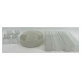 Vintage Glass Floral Tableware Set with Square Holders, Curved Bands, and Rectangular Trays Vintage Glass Floral Tableware Set with Square Holders, Curved Bands, and Rectangular Trays