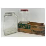 Vintage Kraft Wooden Cheese Crate with 2 Glass Storage Jars Vintage Kraft Wooden Cheese Crate with 2 Glass Storage Jars