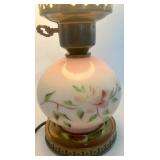 Vintage Hand-Painted Glass Hurricane Table Lamp with Floral Design Vintage Hand-Painted Glass Hurricane Table Lamp with Floral Design