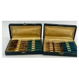 Set of 12 Vintage Brass Forks with Blue Handles in Original Cases Set of 12 Vintage Brass Forks with Blue Handles in Original Cases
