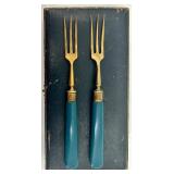 Set of 12 Vintage Brass Forks with Blue Handles in Original Cases Set of 12 Vintage Brass Forks with Blue Handles in Original Cases