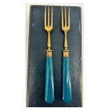 Set of 12 Vintage Brass Forks with Blue Handles in Original Cases Set of 12 Vintage Brass Forks with Blue Handles in Original Cases