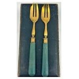 Set of 12 Vintage Brass Forks with Blue Handles in Original Cases Set of 12 Vintage Brass Forks with Blue Handles in Original Cases