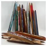 Collection of Vintage Wooden Textile Shuttles with Fabric Strips Collection of Vintage Wooden Textile Shuttles with Fabric Strips