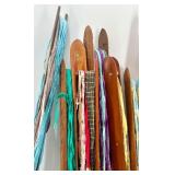 Collection of Vintage Wooden Textile Shuttles with Fabric Strips Collection of Vintage Wooden Textile Shuttles with Fabric Strips
