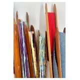 Collection of Vintage Wooden Textile Shuttles with Fabric Strips Collection of Vintage Wooden Textile Shuttles with Fabric Strips