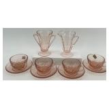 Arcoroc Hocking Pink Depression Glass Tea Set with Creamer, Sugar, 4 Cups and Saucers - Italy Arcoroc Hocking Pink Depression Glass Tea Set with Creamer, Sugar, 4 Cups and Saucers - Italy
