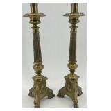 Pair of Vintage Brass Column Candlestick Holders with Ornate Bases Pair of Vintage Brass Column Candlestick Holders with Ornate Bases