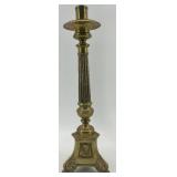 Pair of Vintage Brass Column Candlestick Holders with Ornate Bases Pair of Vintage Brass Column Candlestick Holders with Ornate Bases