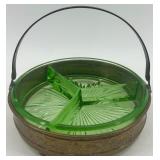 Antique Green Uranium Glass Divided Dish with Ornate Brass Holder Antique Green Uranium Glass Divided Dish with Ornate Brass Holder