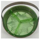 Antique Green Uranium Glass Divided Dish with Ornate Brass Holder Antique Green Uranium Glass Divided Dish with Ornate Brass Holder