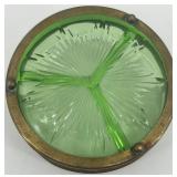 Antique Green Uranium Glass Divided Dish with Ornate Brass Holder Antique Green Uranium Glass Divided Dish with Ornate Brass Holder