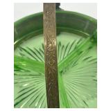 Antique Green Uranium Glass Divided Dish with Ornate Brass Holder Antique Green Uranium Glass Divided Dish with Ornate Brass Holder