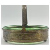 Antique Green Uranium Glass Divided Dish with Ornate Brass Holder Antique Green Uranium Glass Divided Dish with Ornate Brass Holder