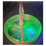 Antique Green Uranium Glass Divided Dish with Ornate Brass Holder Antique Green Uranium Glass Divided Dish with Ornate Brass Holder