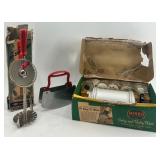 Vintage Kitchen Gadget Set: Jiffy Whip Cream Whipper, Pastry Scraper, and Mirro Cooky Press for Spritz Cookies Vintage Kitchen Gadget Set: Jiffy Whip Cream Whipper, Pastry Scraper, and Mirro Cooky Press for Spritz Cookies