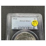 1924 Peace Silver Dollar PCGS MS63 - PCGS Price Guide is $80 1924 Peace Silver Dollar PCGS MS63 - PCGS Price Guide is $80