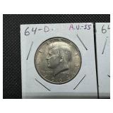 Two 90% Silver Kennedy Half Dollars - 1964 and 1964-D Both Marked AU 55 When Purchased Two 90% Silver Kennedy Half Dollars - 1964 and 1964-D Both Marked AU 55 When Purchased