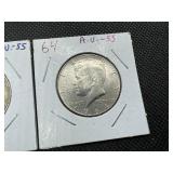 Two 90% Silver Kennedy Half Dollars - 1964 and 1964-D Both Marked AU 55 When Purchased Two 90% Silver Kennedy Half Dollars - 1964 and 1964-D Both Marked AU 55 When Purchased