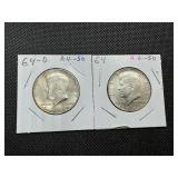 Two 90% Silver Kennedy Half Dollars - 1964 and 1964-D Both Marked AU 50 When Purchased Two 90% Silver Kennedy Half Dollars - 1964 and 1964-D Both Marked AU 50 When Purchased