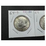 Two 90% Silver Kennedy Half Dollars - 1964 and 1964-D Both Marked AU 50 When Purchased Two 90% Silver Kennedy Half Dollars - 1964 and 1964-D Both Marked AU 50 When Purchased