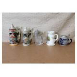 Set of 5 German Beer Steins and Mugs with Pewter Lids