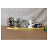 Set of 5 German Beer Steins and Mugs with Pewter Lids