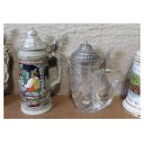 Set of 5 German Beer Steins and Mugs with Pewter Lids