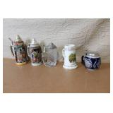Set of 5 German Beer Steins and Mugs with Pewter Lids