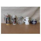 Set of 5 German Beer Steins and Mugs with Pewter Lids