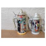Set of 5 German Beer Steins and Mugs with Pewter Lids