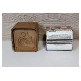 Vintage Wooden Swan Butter Mold and Maple Syrup Tin