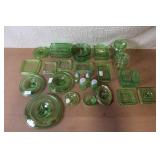 Collection of Vintage Green Depression Glass Kitchenware and Lids