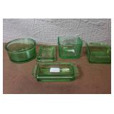 Collection of Vintage Green Depression Glass Kitchenware and Lids