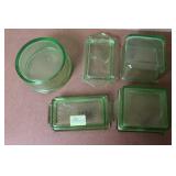 Collection of Vintage Green Depression Glass Kitchenware and Lids