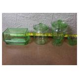 Collection of Vintage Green Depression Glass Kitchenware and Lids