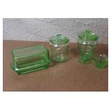 Collection of Vintage Green Depression Glass Kitchenware and Lids