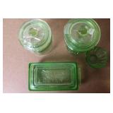 Collection of Vintage Green Depression Glass Kitchenware and Lids