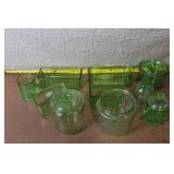Collection of Vintage Green Depression Glass Kitchenware and Canisters