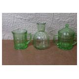 Collection of Vintage Green Depression Glass Kitchenware and Canisters