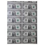Framed Sheet of 16 Uncut US $1 Dollar Bills